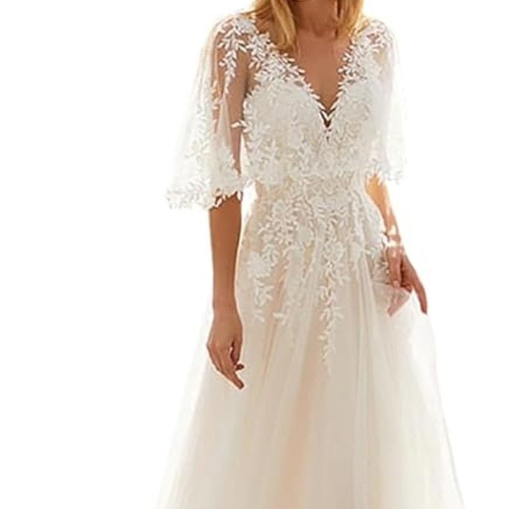Bridal Gowns Wedding Dress, Sleeveless, Double V Neck, Long Ivory Tulle